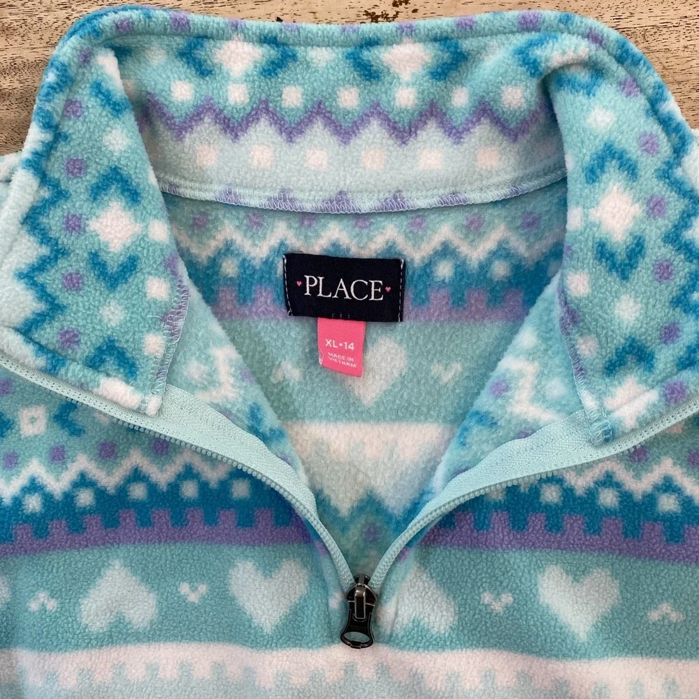 The Children's Place Girls Fleece Pullover Heart Print Half Zip Size X L (14)